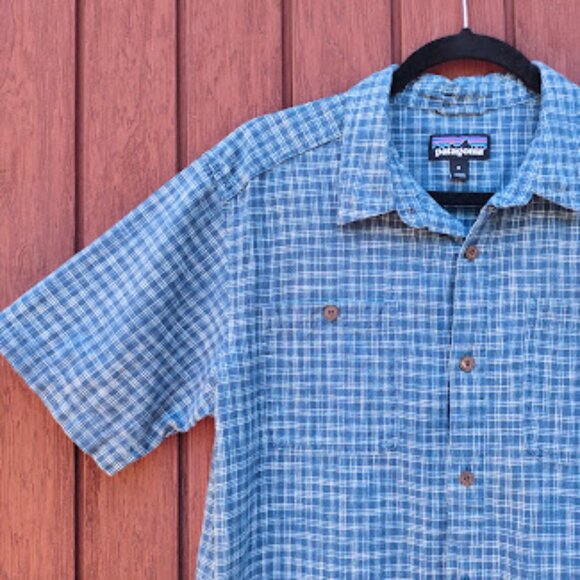 PATAGONIA | Blue Back Step Cotton Hemp Blend Button Down Short Sleeve Shirt M - Picture 5 of 10